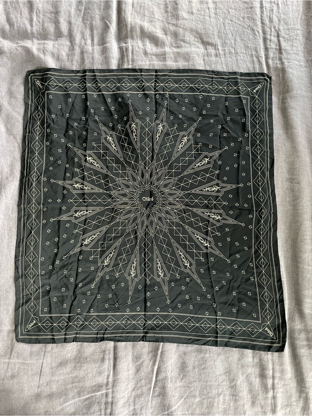 Chloé Vintage Black and Cream Geometric Star Silk Bandana Scarf
